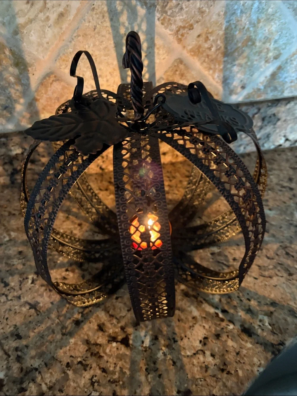 Ornate Brown Metal Pumpkin Lantern with Leaf Accents